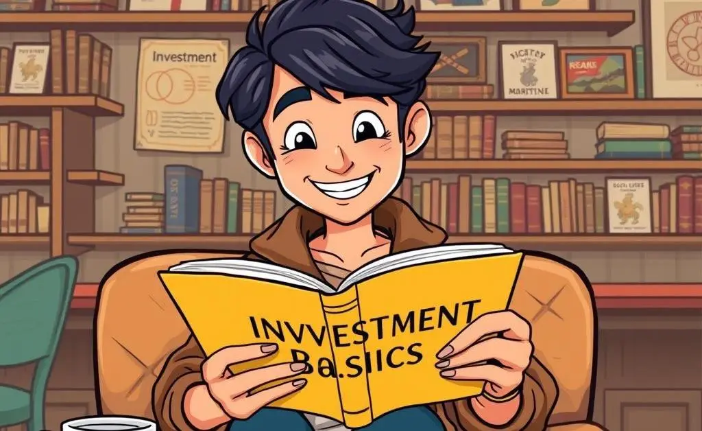 A person reading a book on investment basics in a coffee shop.