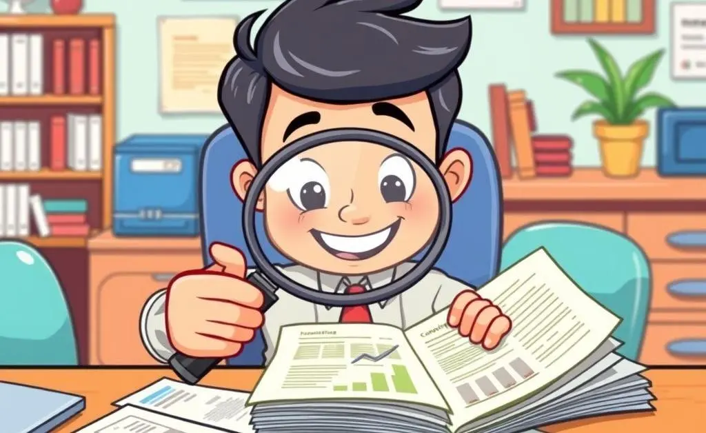 A cartoon person holding a magnifying glass over various investment documents laid on a table