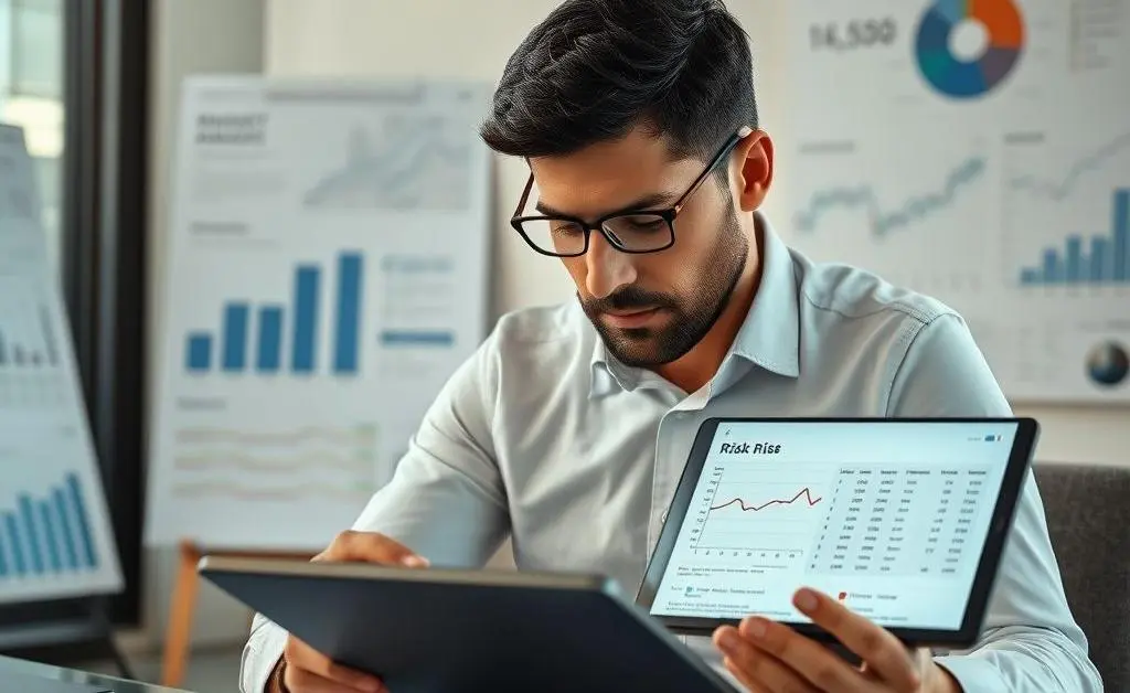A thoughtful investor analyzing risk levels with a chart in front of them.