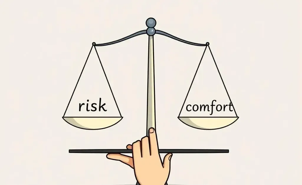 A scale balancing 'risk' on one side and 'comfort' on the other being adjusted by a hand.