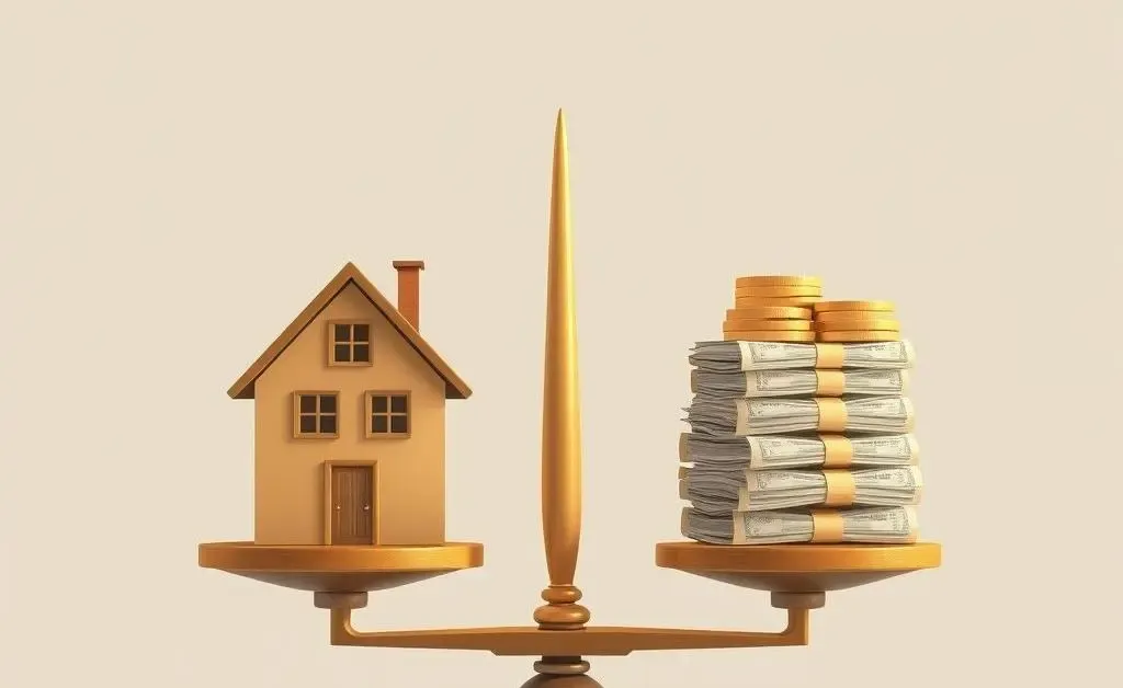 Illustration showing a scale balancing house and money, symbolizing weighing investment risks.