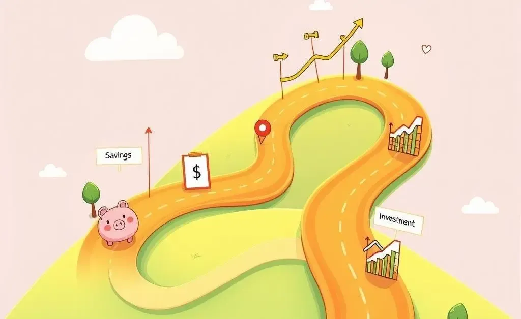 Illustration of a roadmap with financial milestones and goals marked along the path.