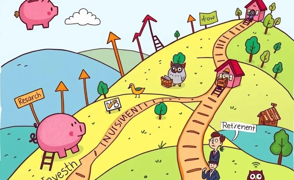 A cartoon-style roadmap illustrating an investment journey