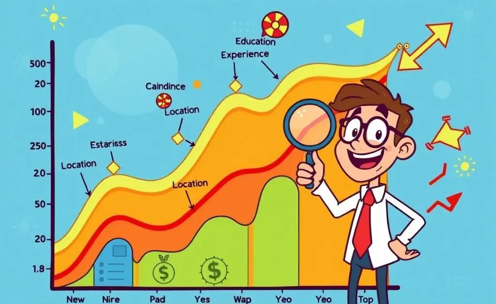 A cartoon-style line graph illustrating different factors affecting investment analyst salaries.
