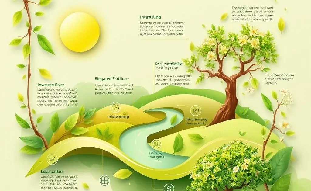 An infographic showing the steps of an investment process intertwined with nature themes.