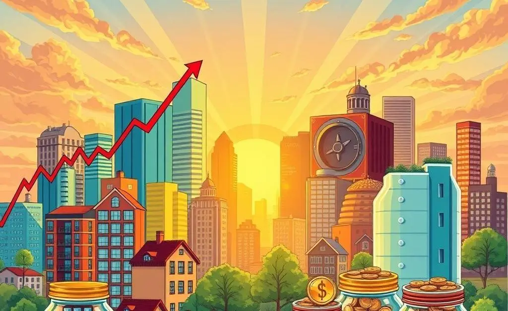 Illustration of diverse investment strategies depicted by a mix of stocks, bonds, real estate, and savings jars.