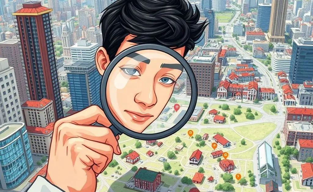 An illustration of a person holding a magnifying glass over a city map with different types of houses marked