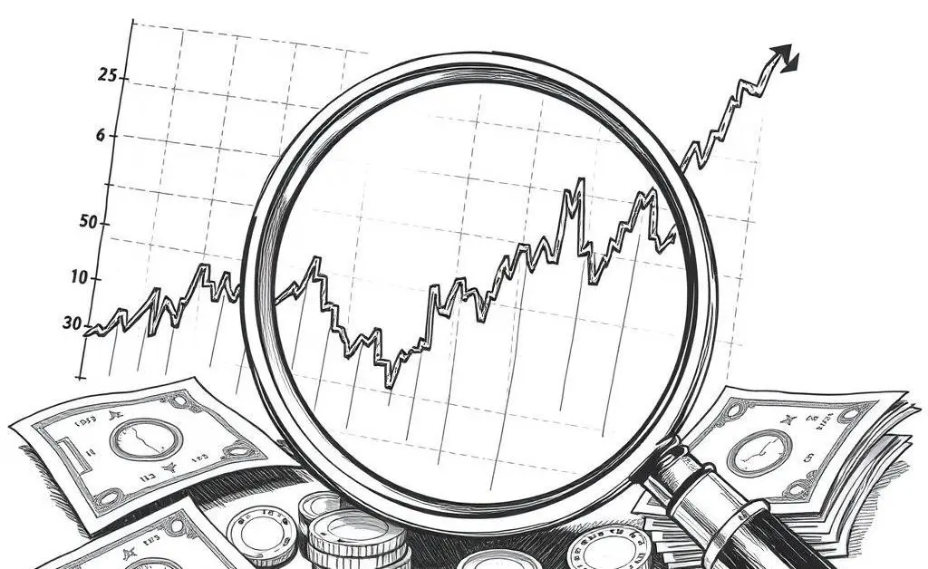 Stock chart with magnifying glass and dollar bills