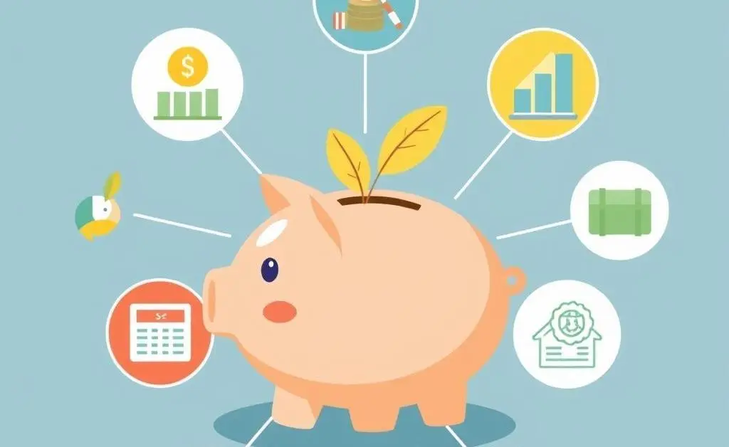 Illustration of different investment strategy icons surrounding a piggy bank.