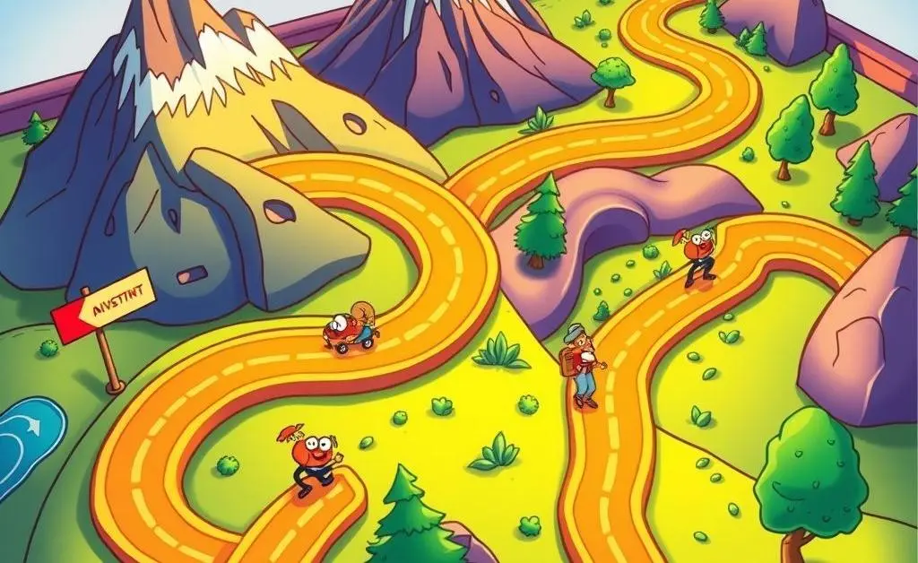 Cartoon depiction of various investment strategies represented by different paths on a board.