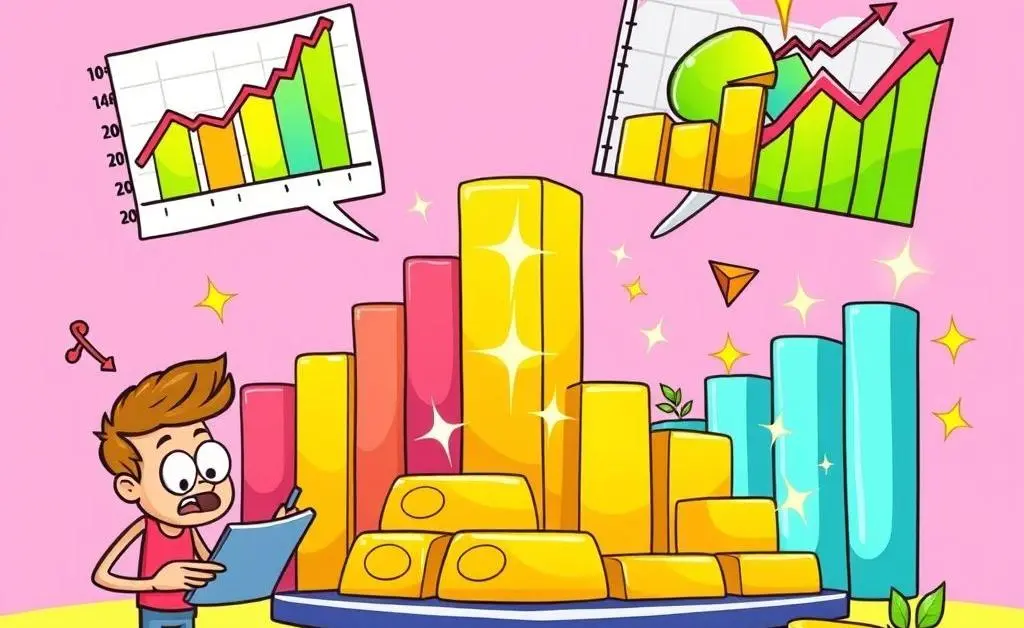 A cartoon comparing gold ETFs, mutual funds, and stocks using charts and icons.