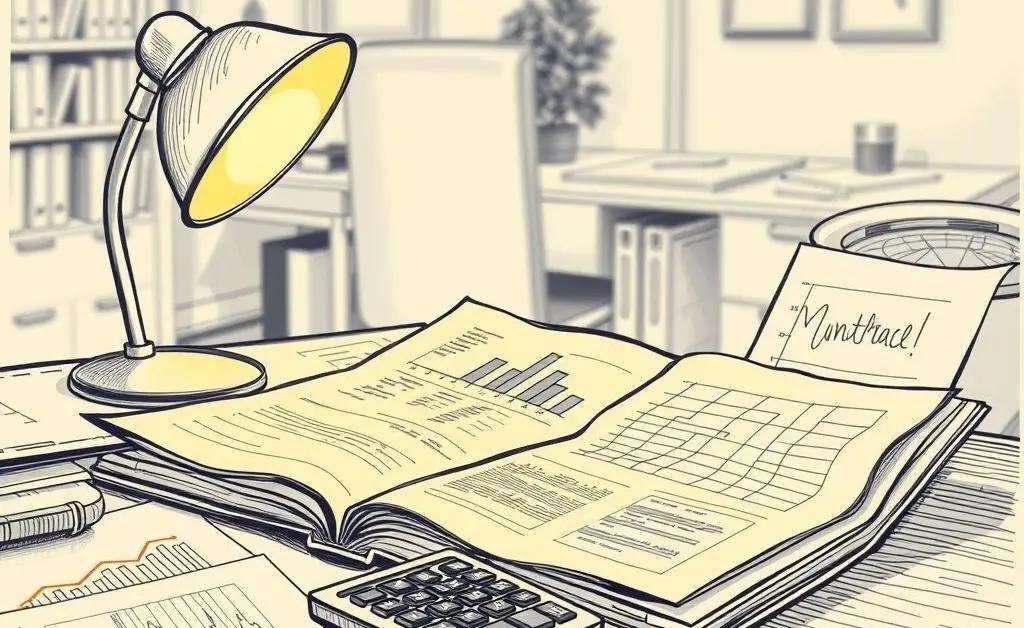 A hand-drawn desk with financial reports and a calculator, symbolizing investment strategizing.