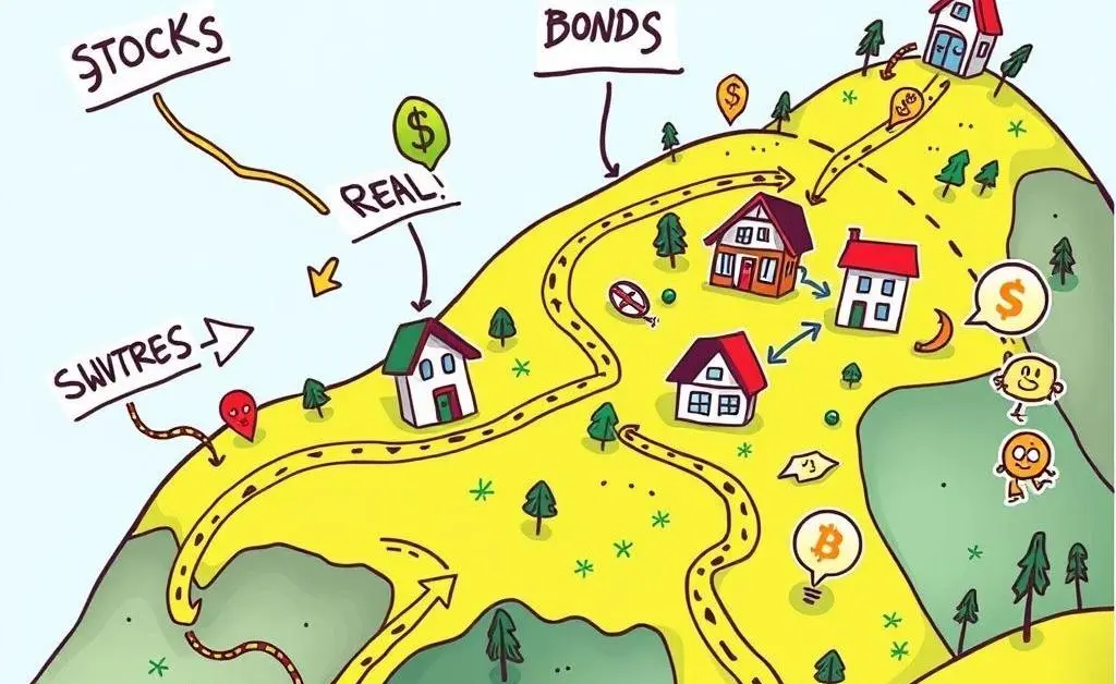 A cartoon-style roadmap showing various investment options