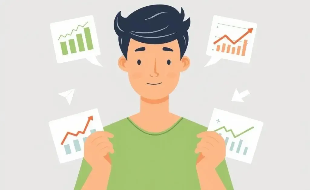 Person assessing various investment options with charts and growth arrows