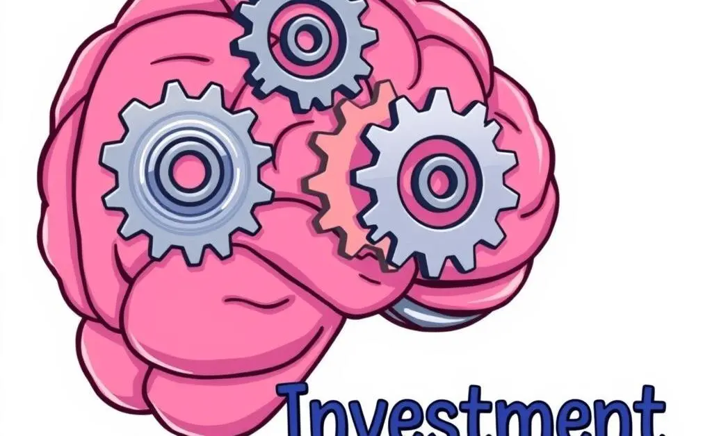 A cartoon showing a brain with gears turning labeled 'Investment Strategy'