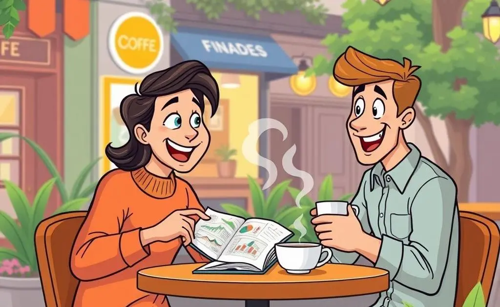 A visually appealing cartoon-style illustration of two people discussing investment strategies over a cup of coffee.