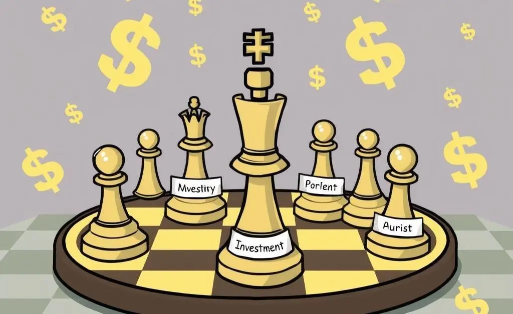 A cartoon of a chessboard with chess pieces labeled as different investment types surrounded by dollar signs.