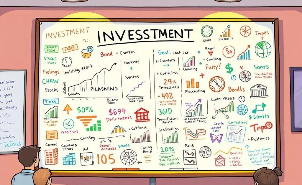 A cartoon drawing of a whiteboard filled with investment strategies.