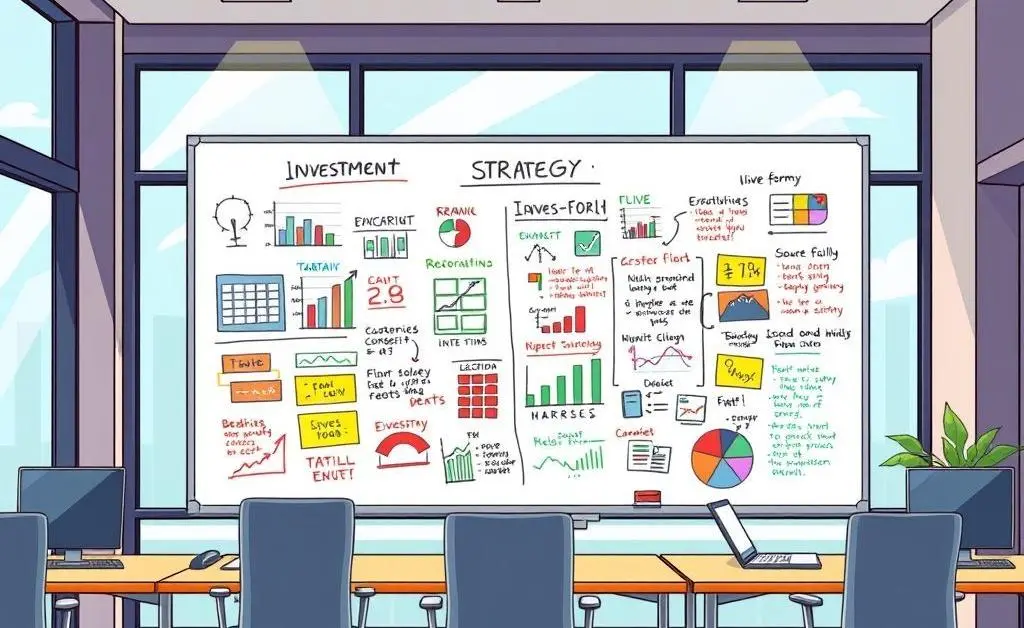 Brainstorming board with investment strategies in a modern office.