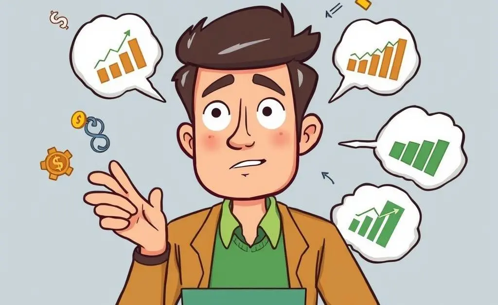 Cartoon-style illustration of a person brainstorming investment strategies