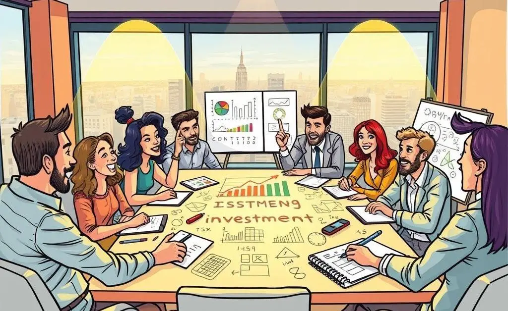 Stylized drawing of people brainstorming investment strategies around a table.