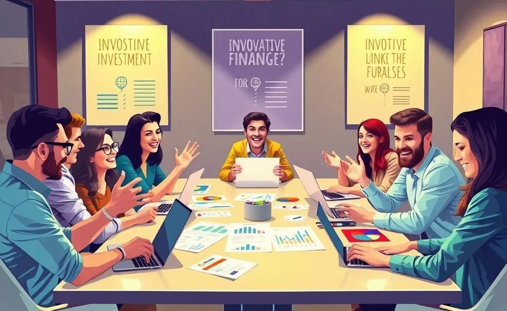 Illustration of a group of people having a fun and engaging brainstorming session about investment strategies.