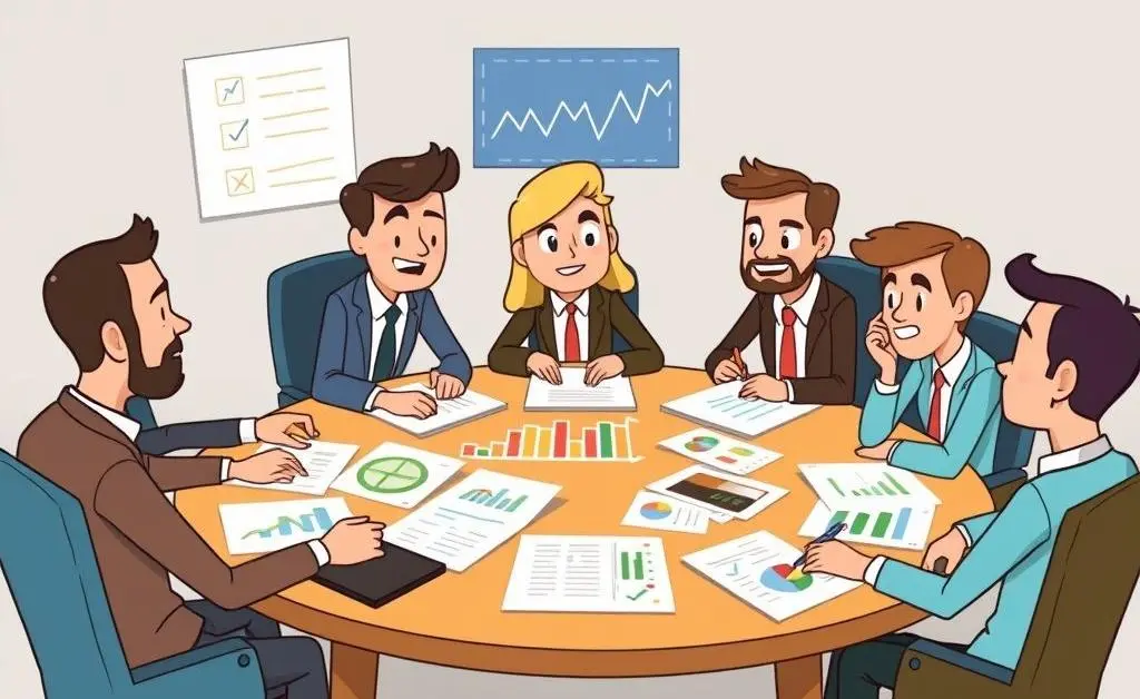 A group of cartoon-style characters discussing investment strategies around a table filled with charts and graphs.