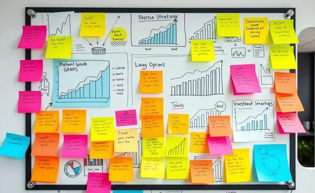 A creative brainstorming board with colorful investment strategies.