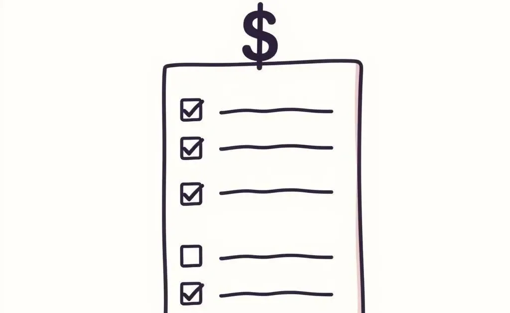 Minimalist cartoon-style checklist with a highlighted dollar sign.