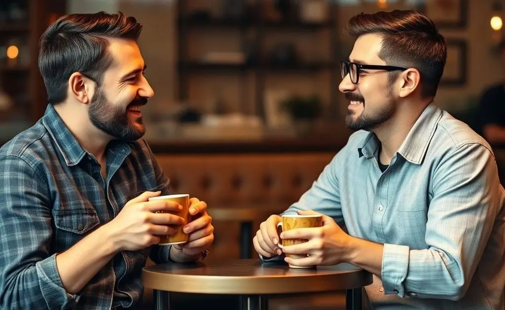Two friends casually discussing investment strategies over coffee