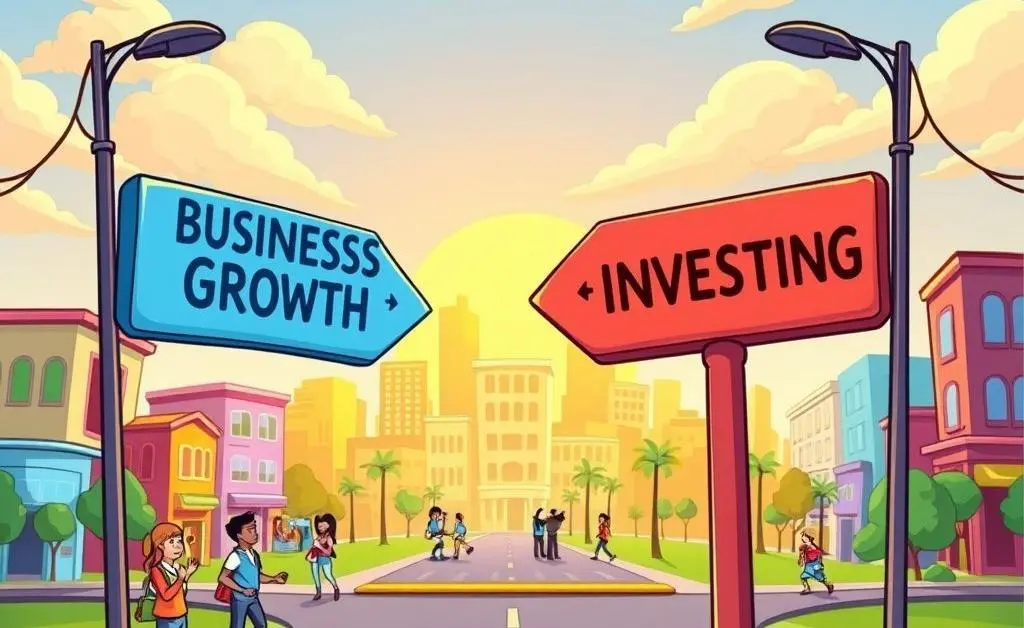 Crossroads with signs indicating 'Business Growth' and 'Investing' choices