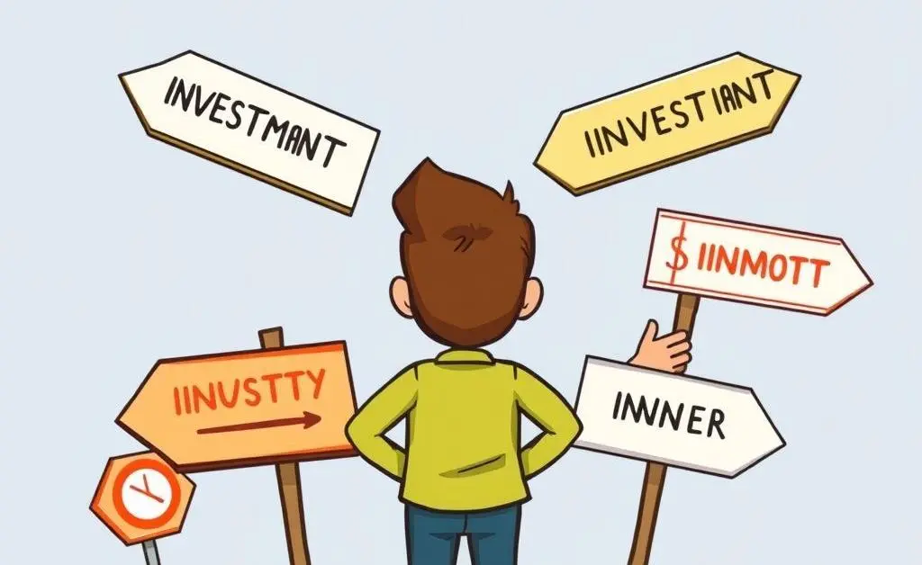 Person at a crossroads with various investment signs