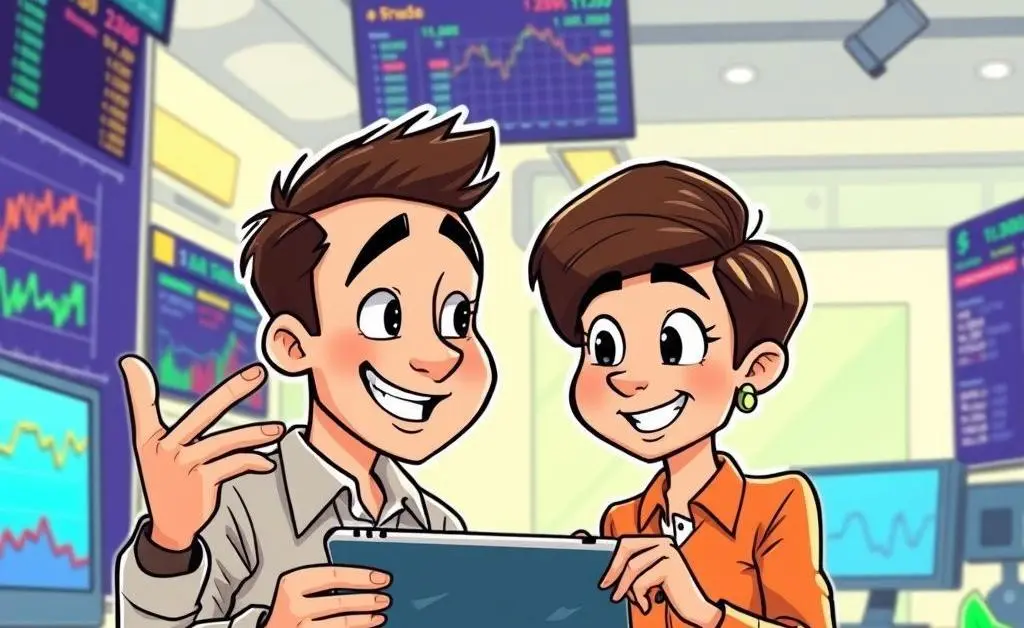 Cartoon-style image of two people discussing investment strategies with a tablet showing stock prices