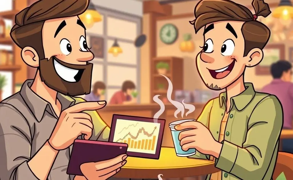Two friends discussing investment strategies over coffee