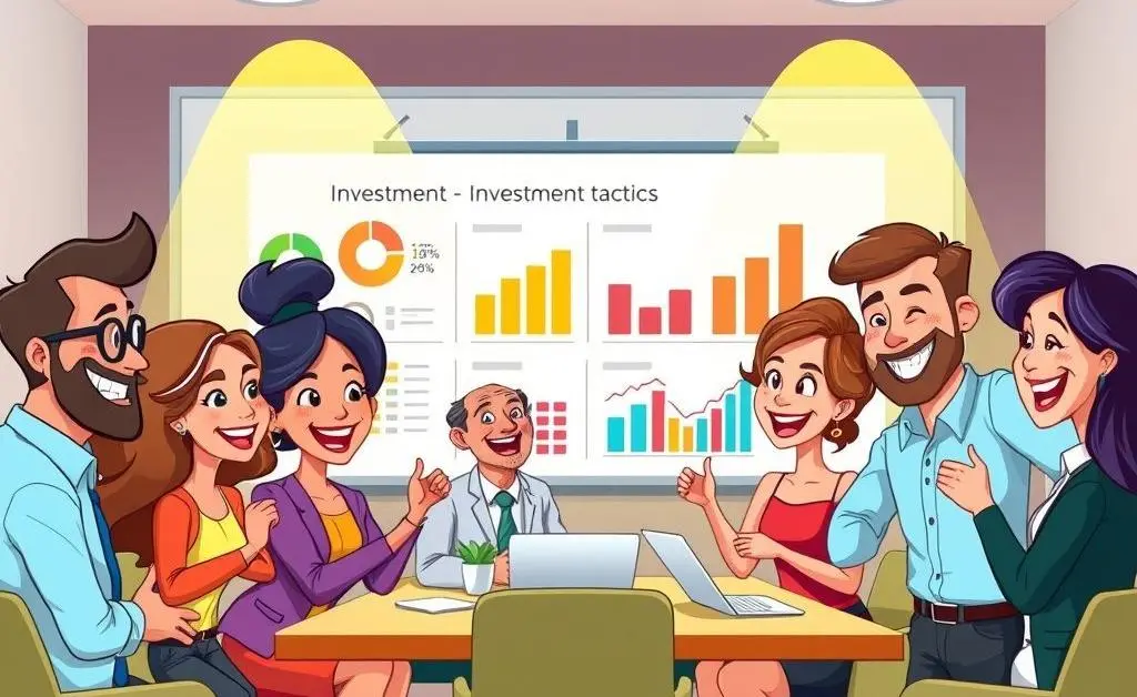 A cartoon-style group discussion on investment strategies with charts and graphs on a board.