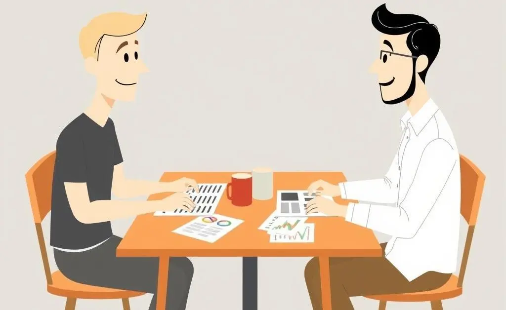 A minimalist cartoon-style image of two people having a discussion at a cafe, papers and charts spread out on the table.
