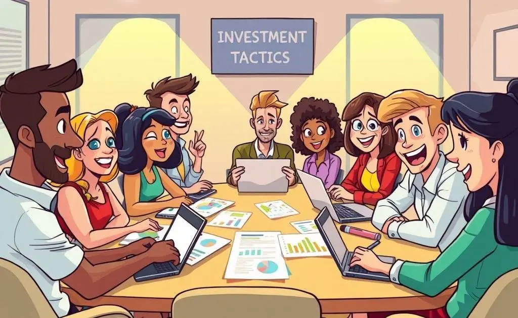 Cartoon-style image of a group of people discussing investment strategies around a table