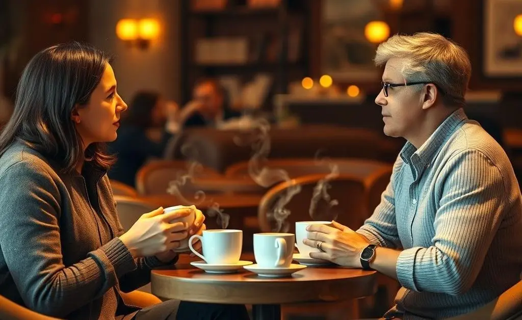 Two people discussing investment strategies over coffee in a warm setting
