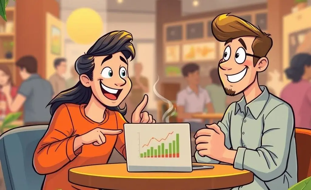 Cartoon of two friends discussing investment strategies over coffee