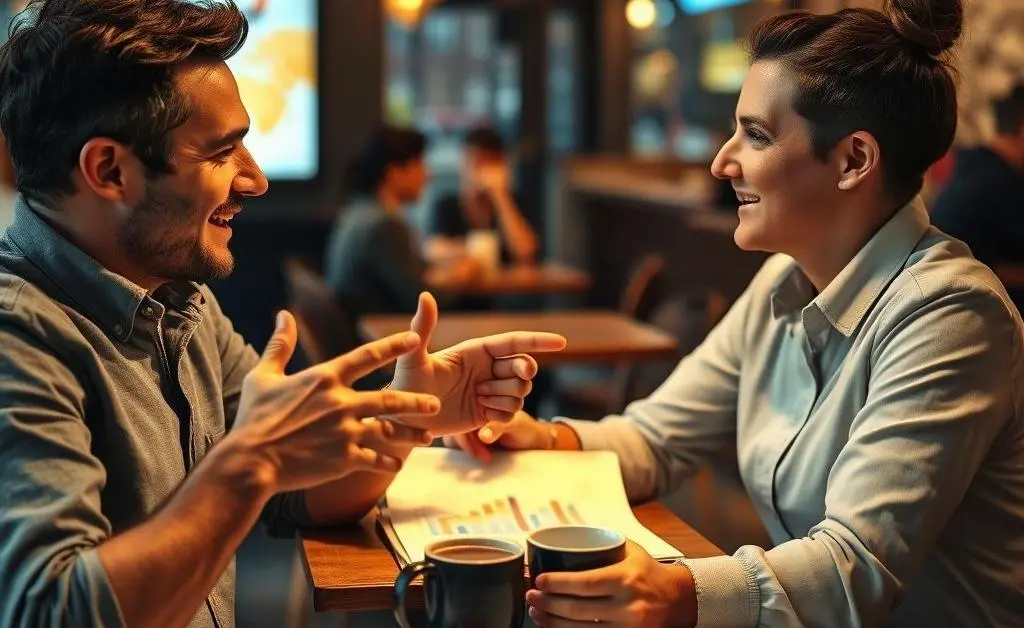 Friends discussing investment strategies over coffee.