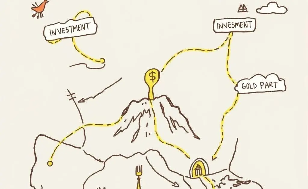 Hand-drawn investment strategy map leading to a gold mine