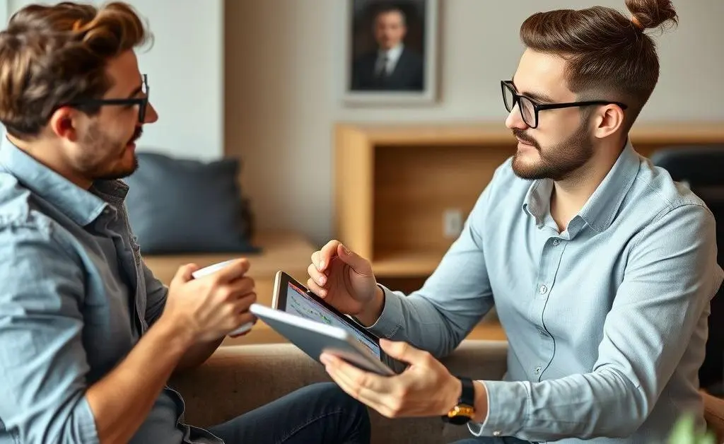 Two friends casually discussing investment strategies over coffee.