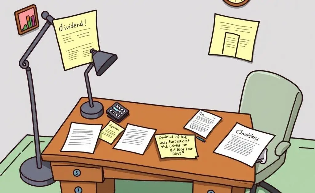 Cartoon-style image of a desk with notes about dividend investment strategies.
