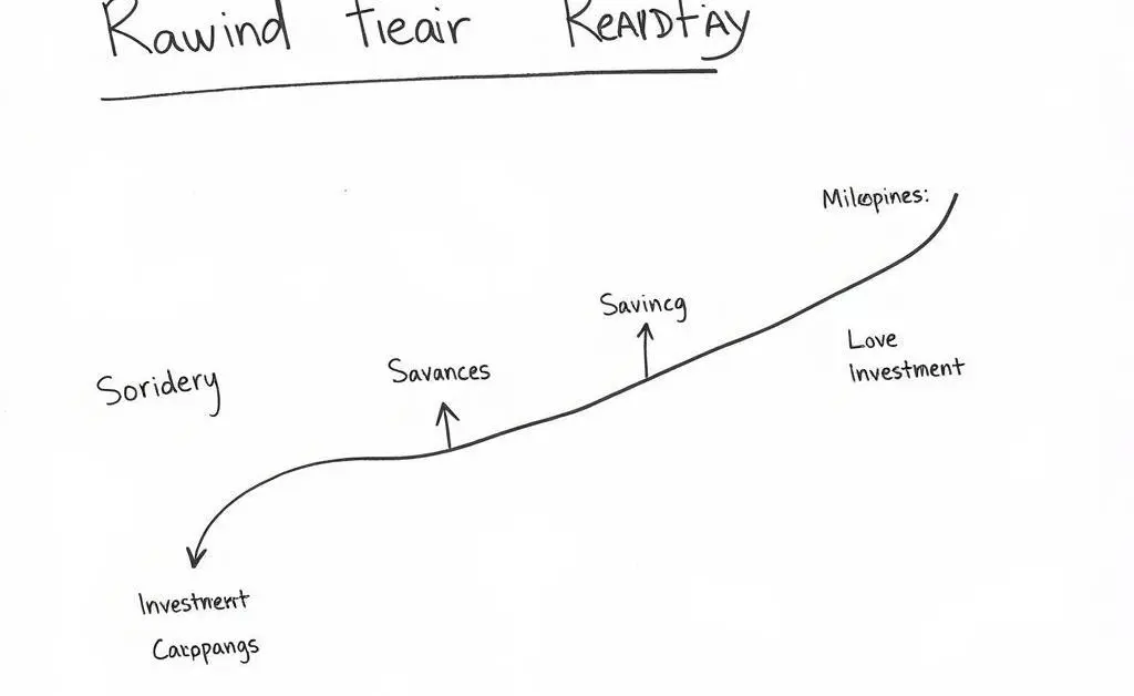 A hand-drawn roadmap showing a journey from savings to investments with various milestones.