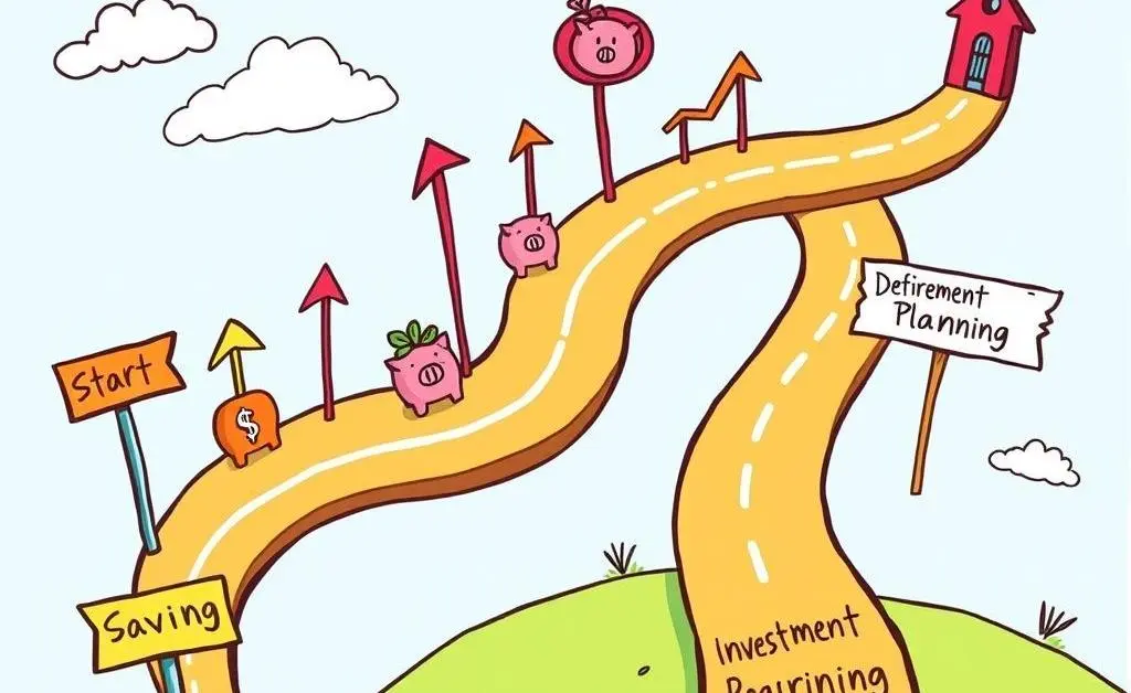 A cartoon depicting a roadmap with investment milestones and goals.