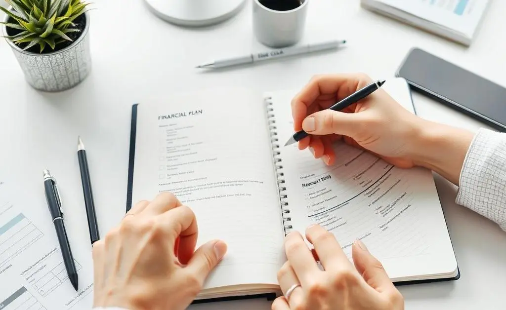 Desk with a person updating financial plans in a notebook
