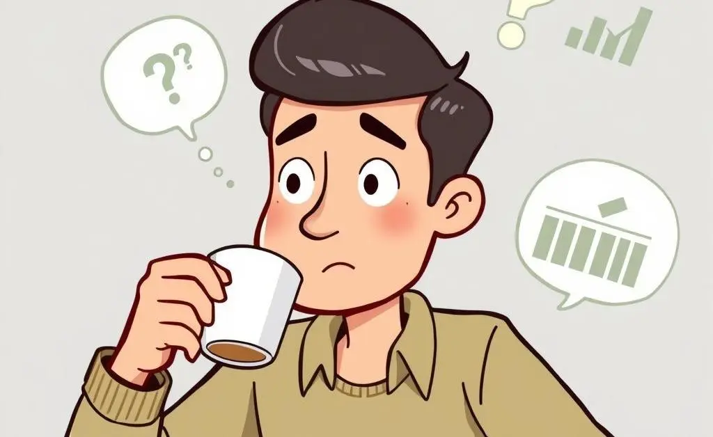 Cartoon of a person sipping coffee while contemplating investment strategies