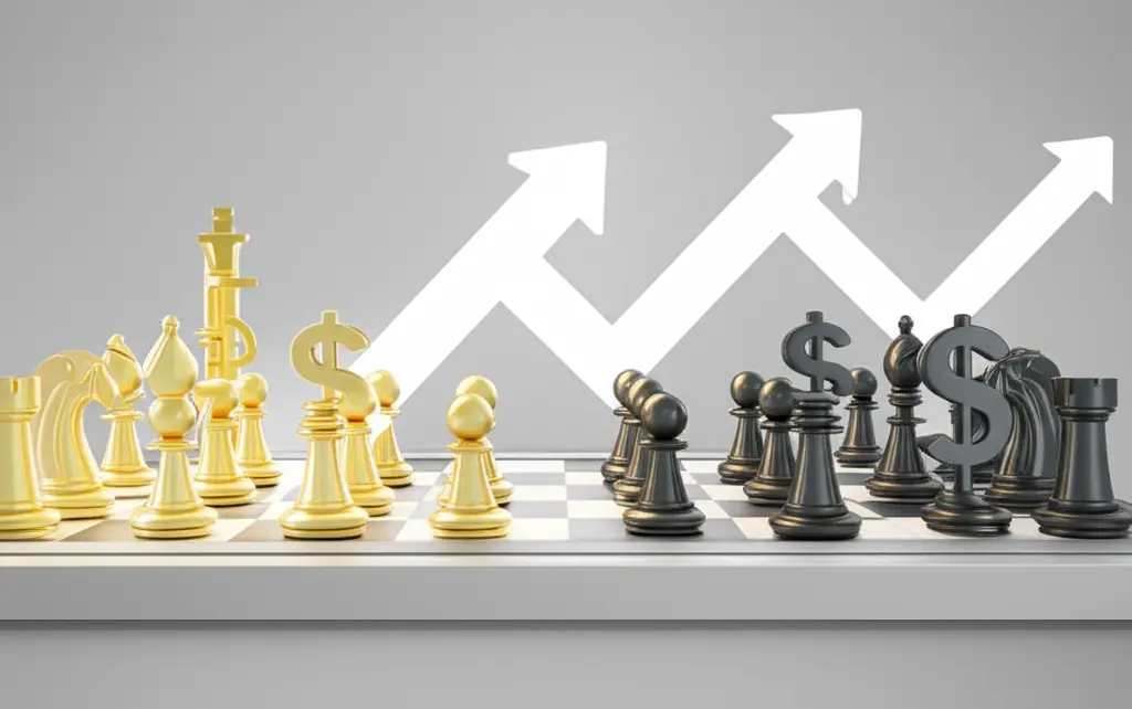 Chessboard with financial symbols