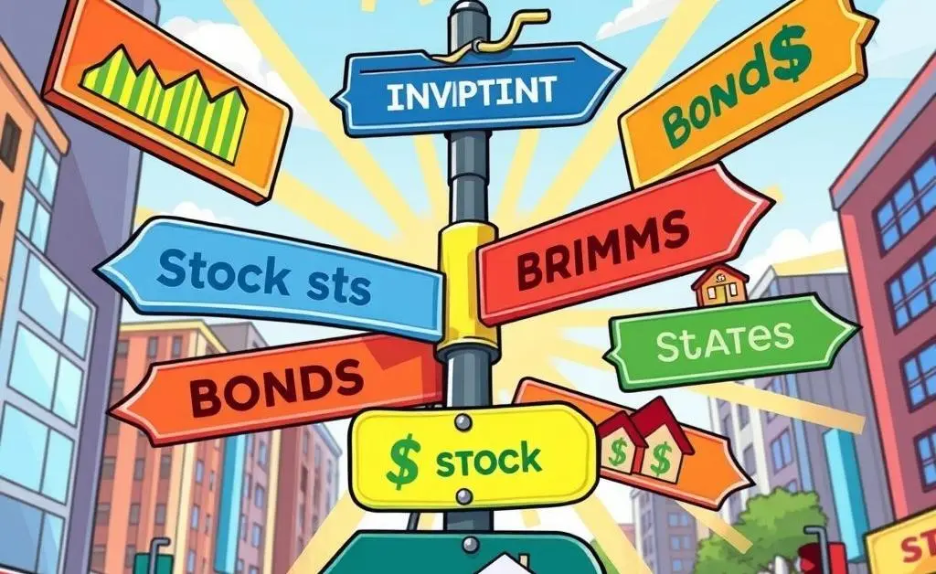 Street signs pointing in different investment directions like stocks, bonds, and real estate