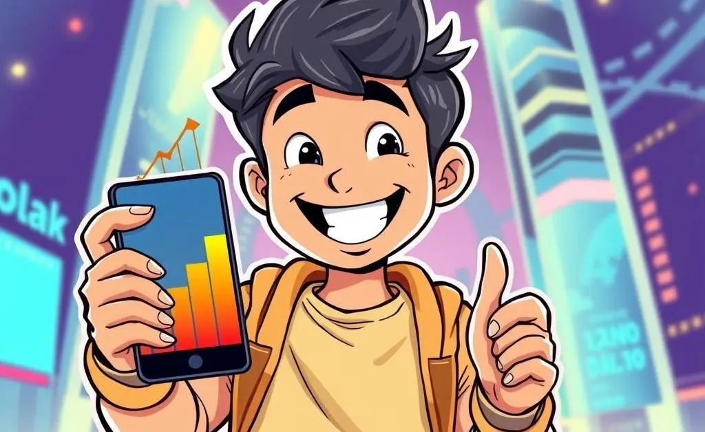 A cartoon-style illustration of a person happily showing off an increasing graph on their mobile phone.